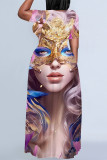 Blue Orange Casual Print Mask portrait Contrast O Neck Printed Plus Size Dresses