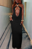 Black Sexy Solid Color Hollow Out Patchwork Backless O Neck Long Dresses