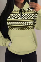 Mint green Casual Geometric Print Draw String Pocket Hooded Tops