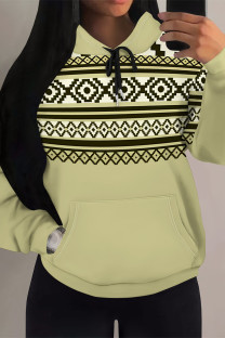 Mint green Casual Geometric Print Draw String Pocket Hooded Tops