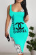Lake Green Sexy Letter Print Stripe Contrast U Neck Printed Dresses