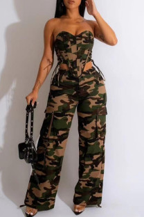 Camouflage Casual Camouflage Print Pocket Backless Strap Design Strapless Sleeveless Two Pieces