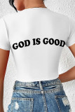 White Sexy Letter Print Lace Up V Neck T-Shirts