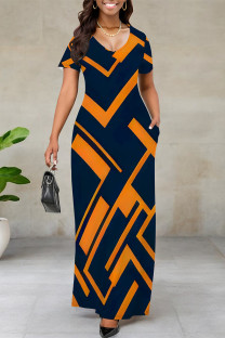 Tibetan Blue Casual Floral Print Stripe Pocket Contrast V Neck Printed Dresses