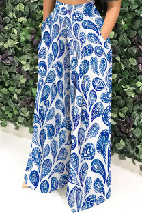White Blue Casual Print Pocket Patchwork Loose Mid Waist Full Print Bottoms