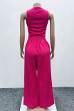 Rose Red Casual Solid Color Buckle Patchwork V Neck Sleeveless Two Pieces