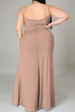 Orange Khaki Casual Cartoon Print Slit Contrast U Neck Printed Plus Size Dresses