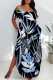 Blue Black Sexy Floral Print Pocket Slit Contrast O Neck Printed Plus Size Dresses
