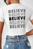 White Sexy Letter Print Lace Up V Neck T-Shirts