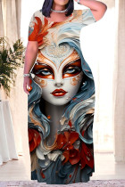 Blue Orange Casual Print Mask portrait Contrast O Neck Printed Plus Size Dresses