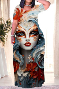 Blue Orange Casual Print Mask portrait Contrast O Neck Printed Plus Size Dresses