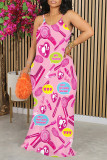 Black Sexy Graffiti Print Flowers Contrast O Neck Printed Dresses