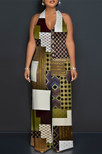 Multicolor Casual Geometric Print Pocket Lace Up Backless Contrast Halter Loose Jumpsuits