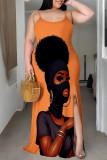 Orange Khaki Casual Cartoon Print Slit Contrast U Neck Printed Plus Size Dresses