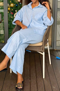 Light Blue Casual Solid Color Buckle Patchwork Shirt Collar Long Sleeve Two Pieces
