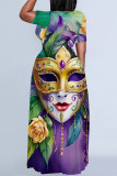 Blue Orange Casual Print Mask portrait Contrast O Neck Printed Plus Size Dresses