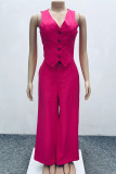 Rose Red Casual Solid Color Buckle Patchwork V Neck Sleeveless Two Pieces