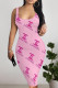 Pink Sexy Letter Print Contrast U Neck Printed Dresses