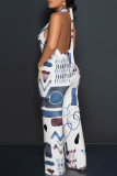 Navy Blue Casual Geometric Print Pocket Lace Up Backless Contrast Halter Loose Jumpsuits