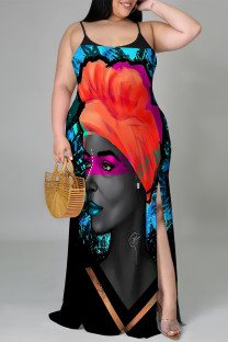 Black Casual Cartoon Print Slit Contrast U Neck Printed Plus Size Dresses