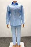 Light Blue Casual Solid Color Buckle Patchwork Shirt Collar Long Sleeve Two Pieces