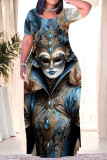 Blue Orange Casual Print Mask portrait Contrast O Neck Printed Plus Size Dresses