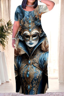 Blue Casual Print Mask portrait Contrast O Neck Printed Plus Size Dresses