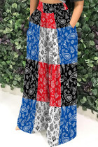 Red White Casual Print Pocket Patchwork Loose Mid Waist Full Print Bottoms