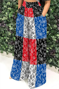 Red White Casual Print Pocket Patchwork Loose Mid Waist Full Print Bottoms