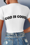 White Sexy Letter Print Lace Up V Neck T-Shirts