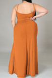 Orange Khaki Casual Cartoon Print Slit Contrast U Neck Printed Plus Size Dresses
