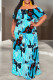 Blue Casual Letters Chain print Cartoon Ruffle Off Shoulder Printed Dresses