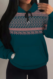 Navy Blue Casual Geometric Print Draw String Pocket Hooded Tops