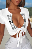 White Sexy Letter Print Lace Up V Neck T-Shirts