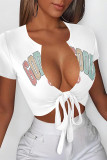 White Sexy Letter Print Lace Up V Neck T-Shirts