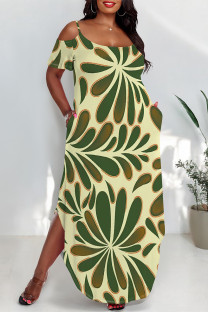 Green Sexy Floral Print Pocket Slit Contrast O Neck Printed Plus Size Dresses