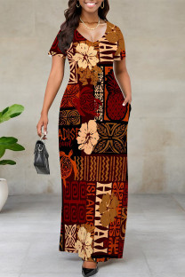 Red-brown Casual Floral Print Stripe Pocket Contrast V Neck Printed Dresses
