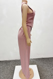Rose Red Casual Solid Color Buckle Patchwork V Neck Sleeveless Two Pieces