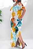 Beige Sexy Floral Print Pocket Slit Contrast O Neck Printed Plus Size Dresses