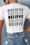 White Sexy Letter Print Lace Up V Neck T-Shirts