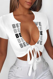 White Sexy Letter Print Lace Up V Neck T-Shirts