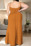 Orange Khaki Casual Cartoon Print Slit Contrast U Neck Printed Plus Size Dresses