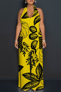 Yellow Casual Geometric Print Pocket Lace Up Backless Contrast Halter Loose Jumpsuits