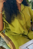 Green Casual Solid Color Buckle Patchwork Turndown Collar Half Sleeve Two Pieces
