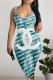 Lake Blue Sexy Letter Print Stripe Contrast U Neck Printed Dresses
