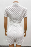 White Casual Plaid Buckle Strap Design Turndown Collar Regular Rompers