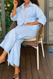 Light Blue Casual Solid Color Buckle Patchwork Shirt Collar Long Sleeve Two Pieces