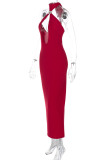 Black Sexy Solid Color Hollow Out Patchwork Backless O Neck Long Dresses