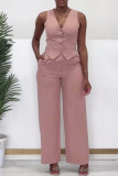 Rose Red Casual Solid Color Buckle Patchwork V Neck Sleeveless Two Pieces
