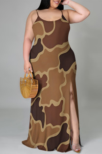 Brown Sexy Camouflage Print Gradient Slit Contrast U Neck Printed Plus Size Dresses